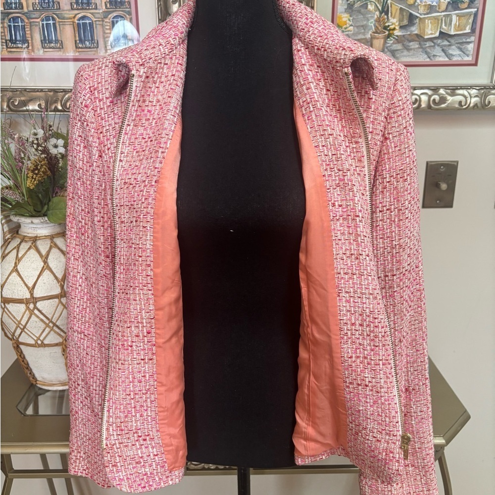 PARISIAN SILK SIGNATURE CLASSIC PINK MULTI TWEED ZIP FRONT BLAZER JACKET SIZE L - Picture 9 of 10